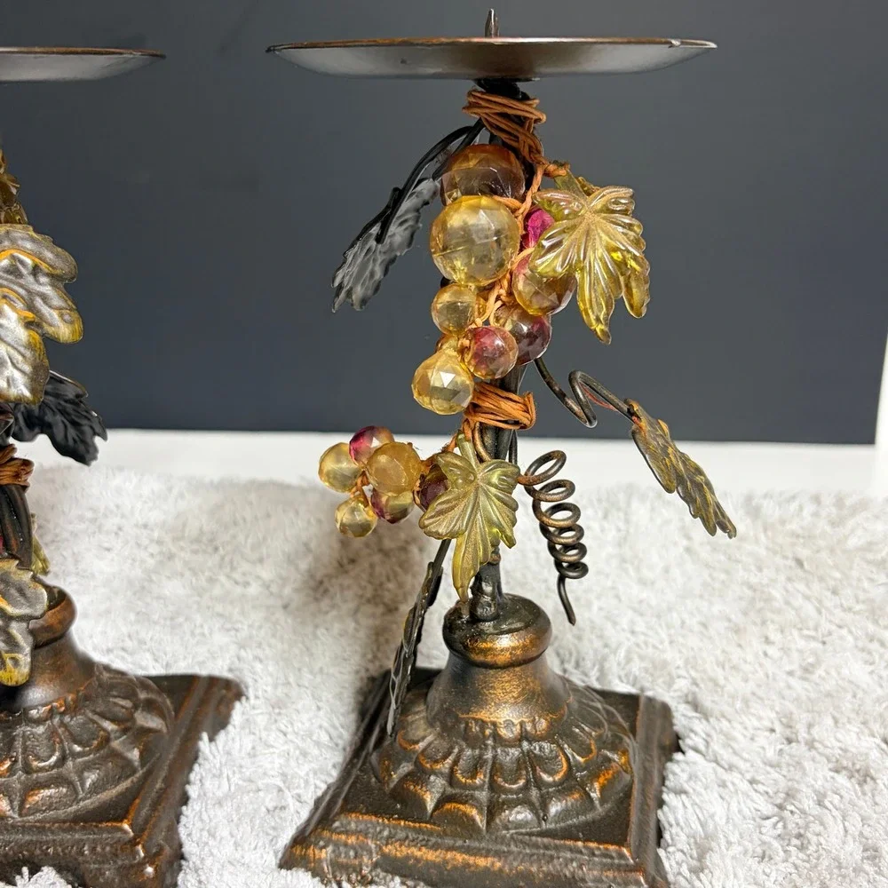 Vtg Tuscan Style Metal Grapevine Pillar‎ Candle Holders Set of 2 Bronze Finish